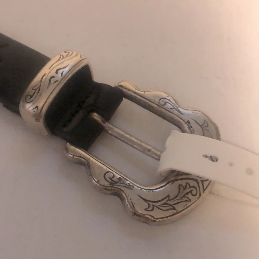 NWT Dockers Black Leather Belt with Floral Design Buckle